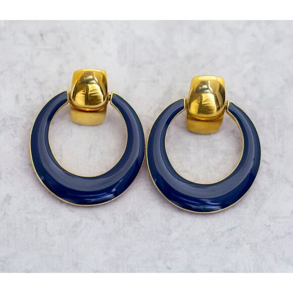 Vintage Blue Red Crescent Circle Ring Two Tone Hoop Earrings - C8 - Picture 1 of 3